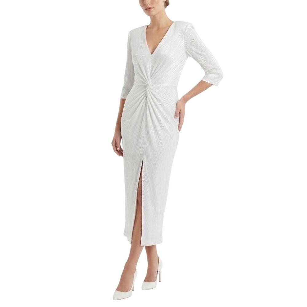 AQUA White Cocktail Dress Metallic Long Sleeve V-Neck Midi Sheath Size 4